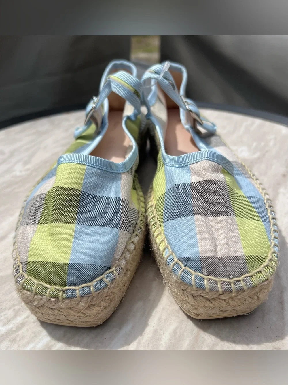 NEW Anthropologie Maeve Mary Jane Espadrille Flats in Blue/Lime Gingham Size 36
